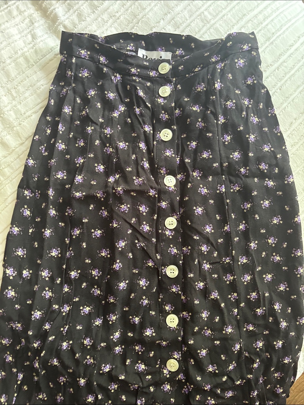 Rouje Paris Black Midi Skirt with Purple Floral Print and Button Front